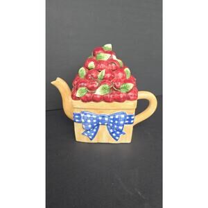 Certified International Cherry Basket Ceramic Teapot Blue Bow Peggy Jo Ackley